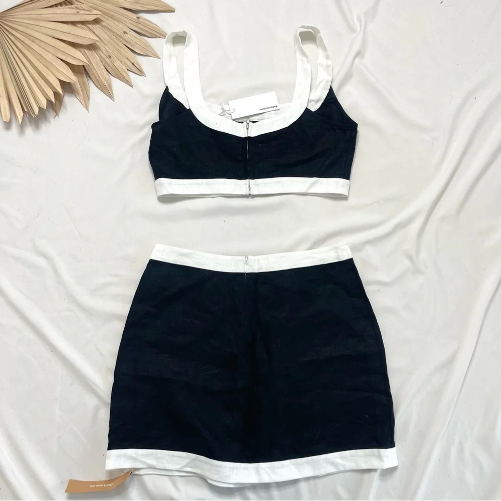 Reformation Robbie Linen Black and White Two Piece Skirt and Top Set Size 6 NWT